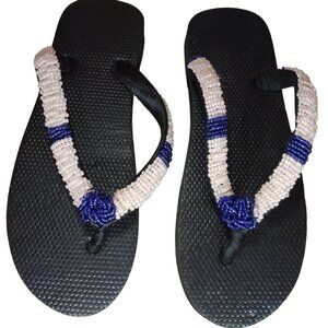 Beaded Flip Flops for Women Summer Style Sandals - (Blue, White)